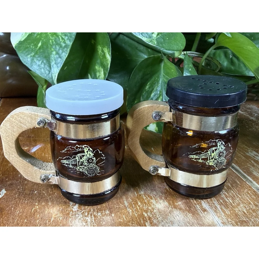 Vintage Silver City Salt & Pepper Shakers Barrel Mug with Wooden Handles 2.5”